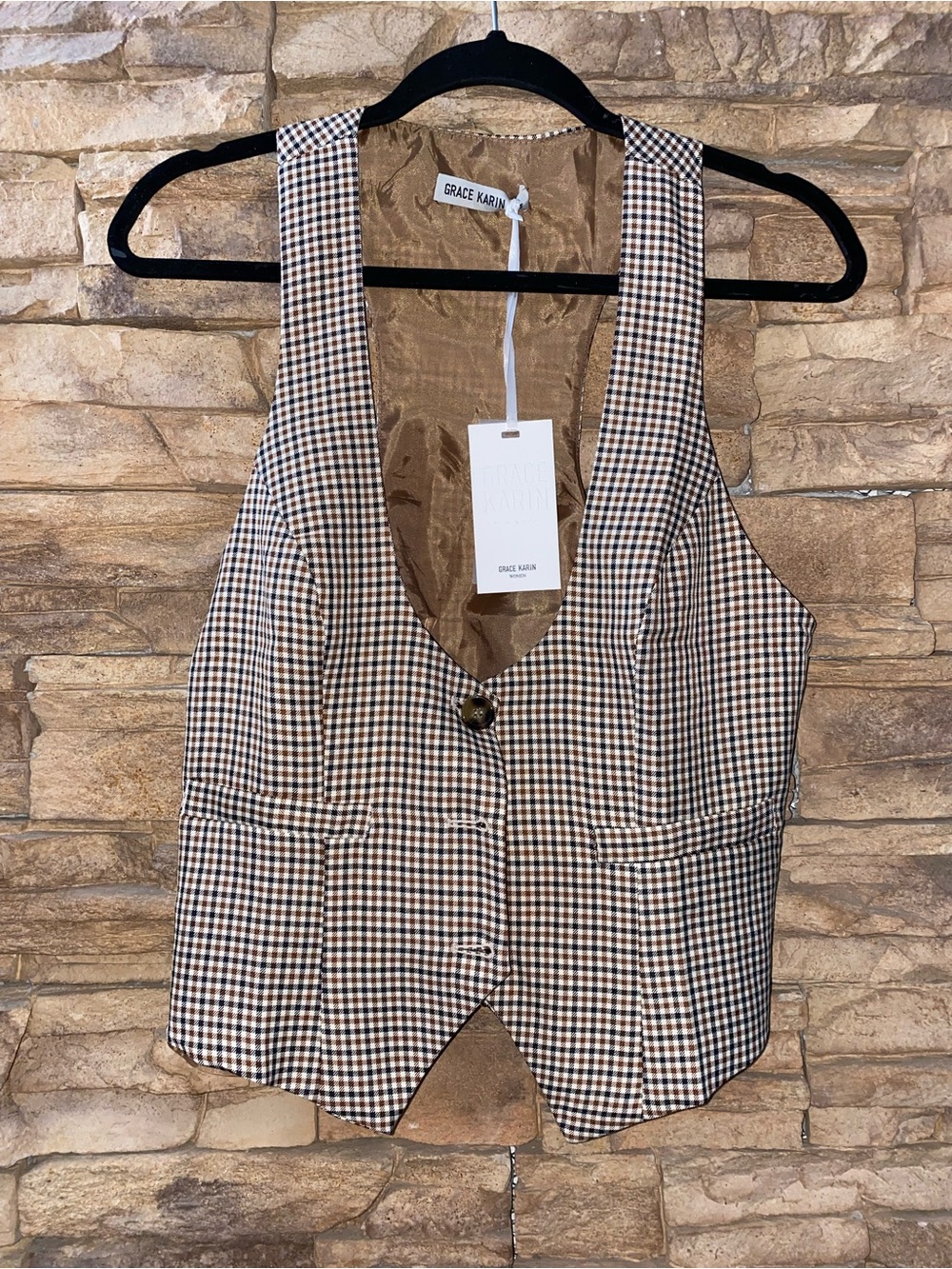 Grace Karin Plaid Vest Women’s Size Medium Brown Check Tailored
